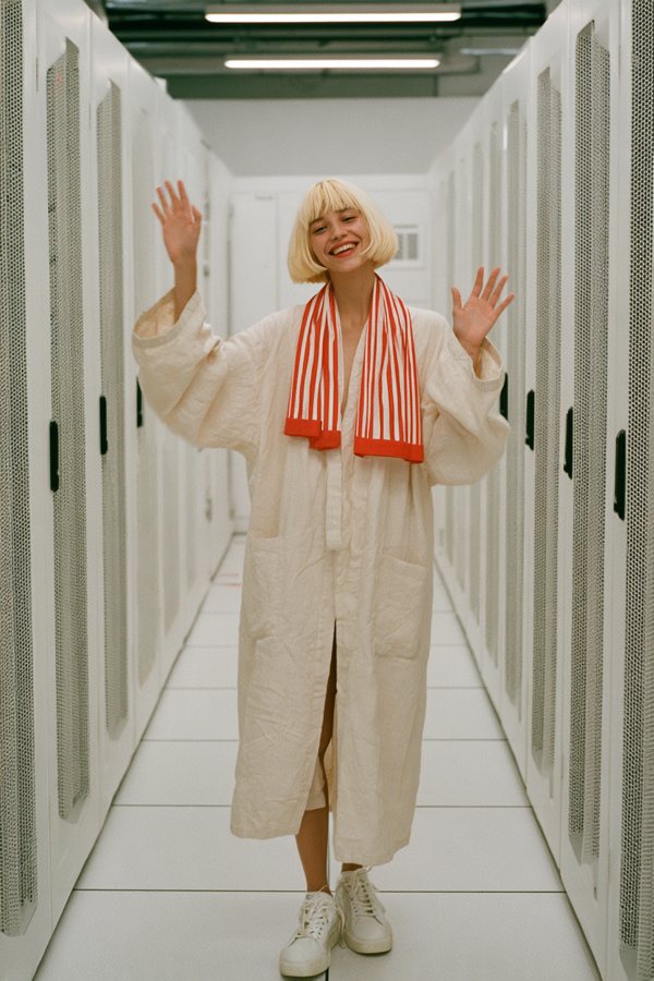 BRAIN full length in a cream robe, waving with both hands